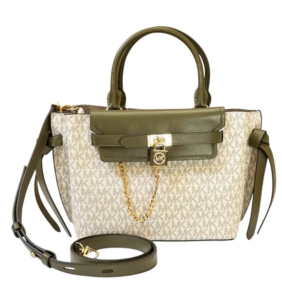 Michael Kors Hamilton SM Belted Satchel Shoulder Crossbody Bag MK Vanilla/Olive - Picture 1 of 12